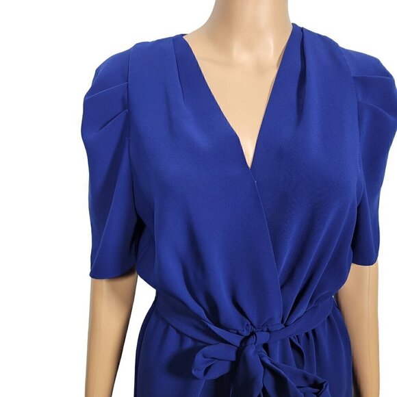 AMANDA UPRICHARD NY Women's Royal Blue Faux Wrap Short Sleeve Midi Dress Size M - Picture 2 of 11